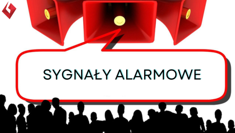 Grafika przedstawiająca sylwetki megafonów w górnej części, w dolnej części widoczne sylwetki ludzi centralnie widoczny napis sygnały alarmowe