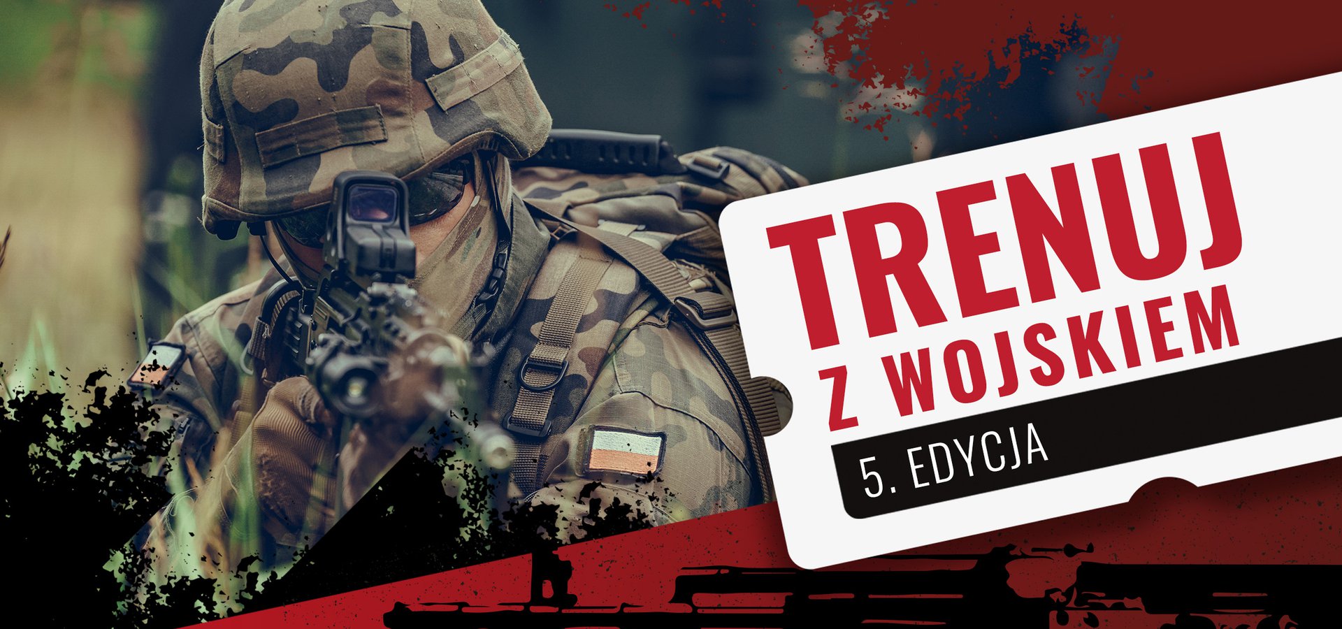 Grafika z przedstawiająca górną cześć sylwetki żołnierza w mundurze i hełmie mierzącego z karabinka automatycznego z napisem "Trenuj z wojskiem 5. edycja"