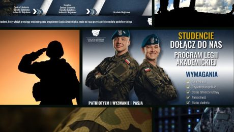 Grafika z przedstawiająca sylwetki mężczyzn w mundurach żołnierzy na zróżnicowanym tle z tekstem PATRIOTYZM I WYZWANIE I PASJA STUDENCIE DOŁĄCZ DO NAS PROGRAM LEGII AKADEMICKIEJ WYMAGANIA