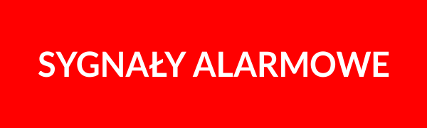 Biały  tekst na czerwonym tle: SYGNAŁY ALARMOWE