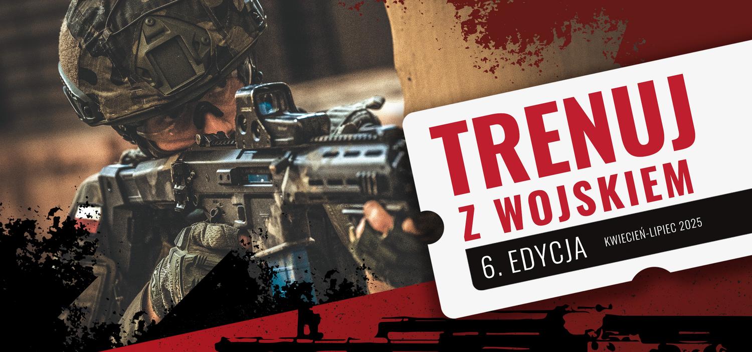 Grafika z przedstawiająca górną cześć sylwetki żołnierza w mundurze i hełmie mierzącego z karabinka automatycznego z napisem "Trenuj z wojskiem 6. edycja kwiecień-lipiec 2025"