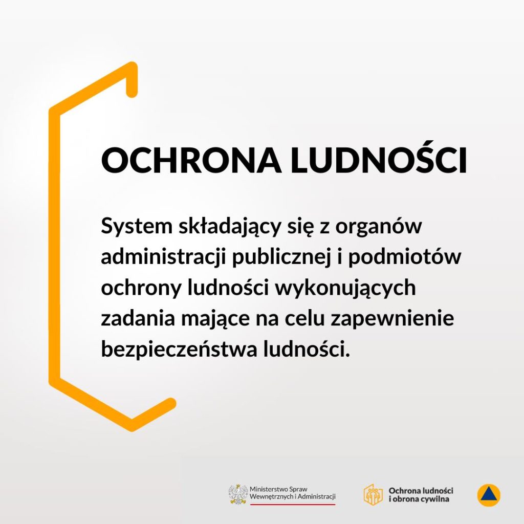 OCHRONA LUDNOŚCI
System składający się z organów administracji publicznej i podmiotów ochrony ludności wykonujących zadania mające na celu zapewnienie bezpieczeństwa ludności. Ministerstwo Spraw Wewnętrznych i Administracji Ochrona ludności i obrona cywilna