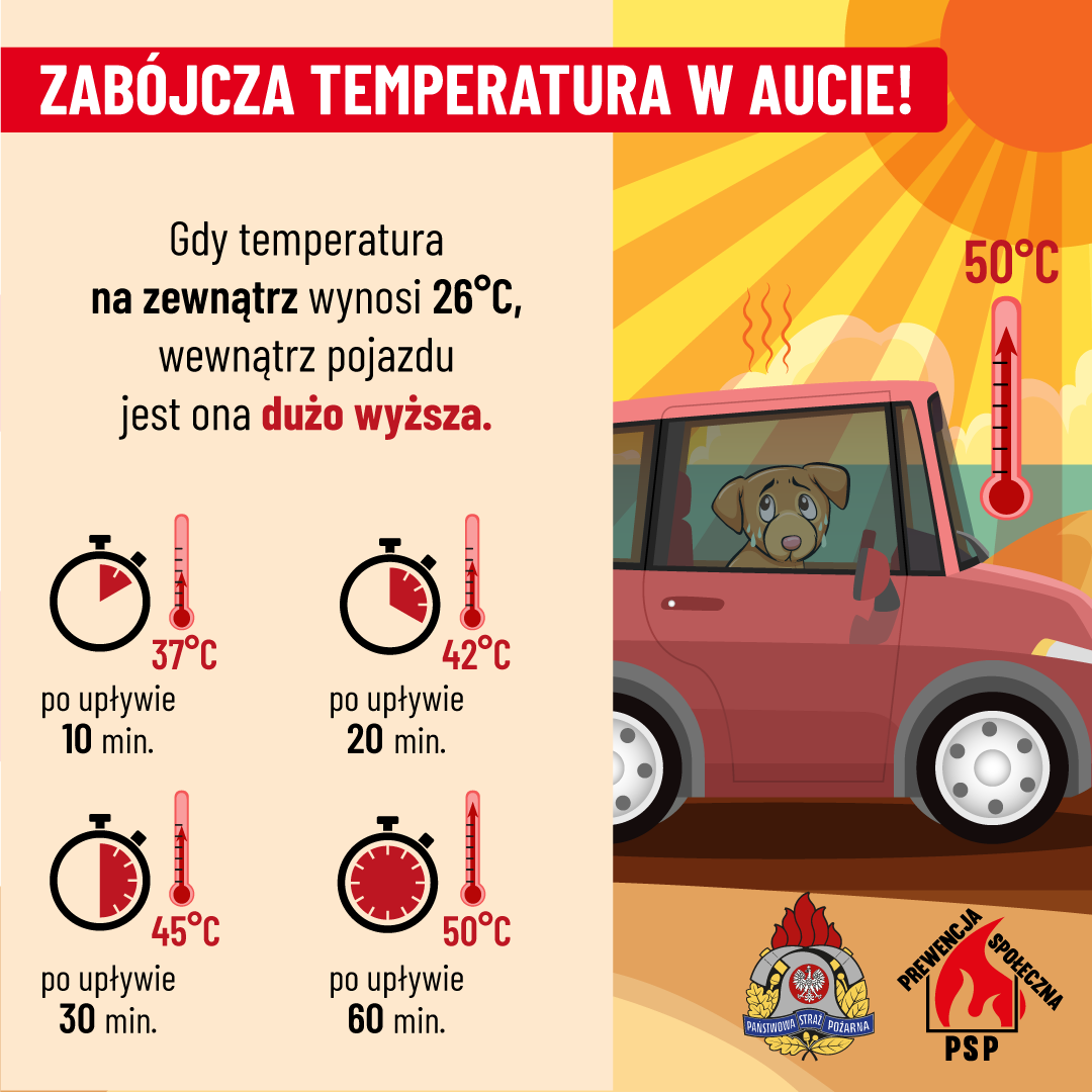 ZABÓJCZA TEMPERATURA W AUCIE! Gdy temperatura na zewnątrz wynosi 26°C, wewnątrz pojazdu jest ona dużo wyższa. 37°C po upływie 10 min. 42°C po upływie 20 min. 45°C po upływie 30 min. 50°C po upływie 60 min. PREWENCJA SPOŁECZNA PAŃSTWOWA STRAZ POŻARNA PSP
